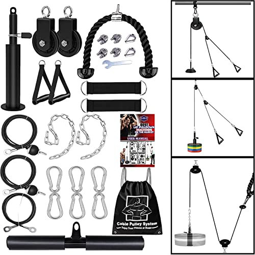 Cable Pulley System Gym Upgraded Home Strength Training Equipment Workout Accessories LAT Pull Down Fitness for Triceps Pull Down Biceps Curl Back Forearm Shoulder (3 Cables + 2 Chains)
