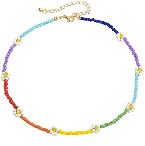 U-M Perlen Choker Halskette Regenbogen Gänseblümchen Perlenkette Sommer Strand Bunte Halsband Blumenhalskette Halsketten Party Schmuck Für Frauen Und Mädchen Nützlich praktisch