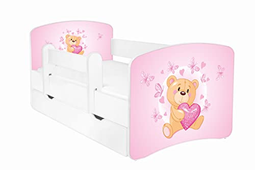 AS-TOR Kinderbett Jugendbett Hugo 70x140cm mit Matratze, Schublade und Abnehmbarem Geländer - Bett Schlafzimmer Kindermöbel Kinderbetten für Mädchen und Junge, Massivholz, Solide - Rosa Teddybär