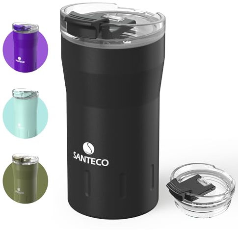 SANTECO Travel Coffee Mug 350ml/12oz, Insulated Coffee Cups with Flip Lid, Double Wall Vacuum Tumbler Spill Proof, Reusable to Go Mug for Hot/Ice Coffee Tea, Black