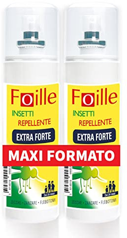 Foille Insetti Repellente Extra Forte, DEET 50%, Spray contro zanzare anche vettori del virus dengue, west nile e zika, contro zecche e flebotomi, efficacia fino a 16 ore, due confezioni da 100 ml