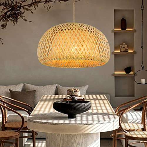 RRBEST Vintage Gewebte Lampenschirm Kronleuchter,Boho Bambus Pendelleuchte E27 Pendellampe,Retro Höhe Verstellbare Hängelampe Beleuchtung Restaurant Teestube Café Deckenleuchte (30cm)