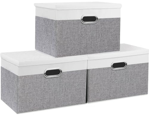 Yawinhe 3 Stück Aufbewahrungsboxen mit Deckel, Faltbare Stoffbox mit Griffen, Boxen Aufbewahrung, für Schlafzimmer, Kleideraufbewahrung, 45x30x30cm, Weiß/Grau, SNK023WGX-3