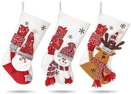 LumiSyne 3er Set Weihnachtsstrumpf 49cm Groß Nikolausstiefel Weiß Plüsch Mit Weihnachtsmann, Schneemann, Rentier Weihnachtssocken Geschenktüte Hängende Strümpfe Für Kamin Weihnachtsbaum Weihnachtsdeko