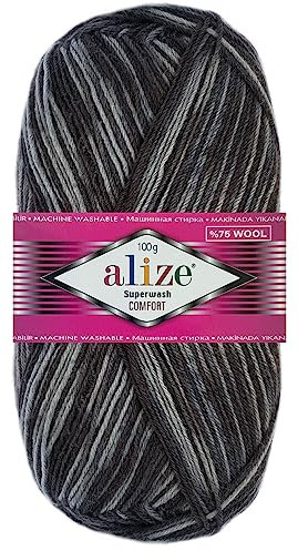 100 Gramm Alize Sockenwolle Superwash Comfort Color Farbig 4fädig 7676 Grau Mix