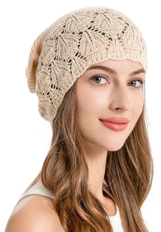 ZLYC Damen Sommer Strickmützen Handstricken Häkelmütze Bentage Beanie Mütze(Einfarbig Beige)