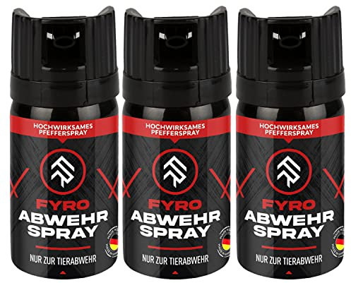 FYRO Pfefferspray zur Selbstverteidigung 3er Pack | KO Spray | Abwehrspray | Jet - Fog Sprühstrahl | 4 Meter Reichweite | Verteidigungsspray zur Tierabwehr | Hundeabwehr | 40 ml | klein