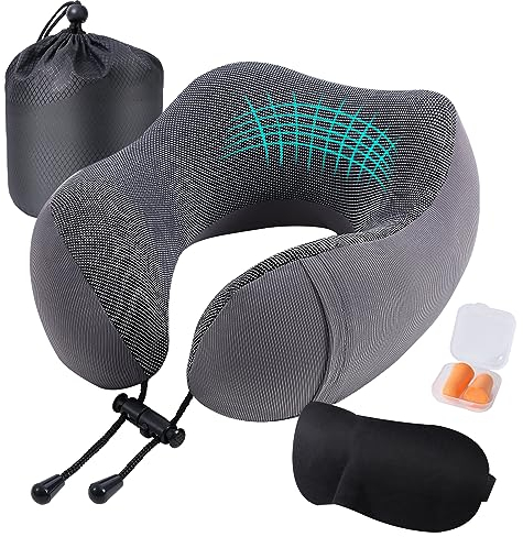 Gotanc Reise Nackenkissen Flugzeug, Reisekissen Weiches Memory Foam Baumwolle U-Förmiges Kissen, Travel Pillow mit Ohrstöpsel, Schlafmaske, Tasche, Ideal für Reisen, Flugzeug, Auto, Büro