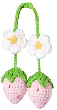 JNNJ 2 Stück Autospiegel Anhänger, Handgestrickter Erdbeerblumen Autoanhänger, Auto Spiegel Hanging Charms Zubehör Blume Hand Gestrickt Auto Dekor Für Frauen(Rosa)