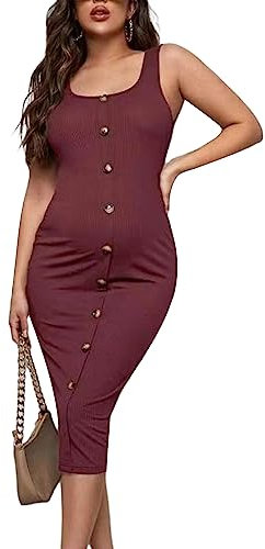 ZZLBUF Robe Femme Enceinte Couleur unie Sans Manches Robe Moulante Col Rond Boutons Midi Robe Débardeur D'été Casual Robe De Maternité, framboise, XL