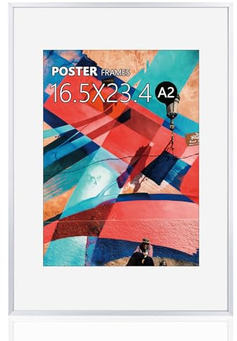 HOHIYO Bilderrahmen A2(42x59,4 cm),Silber Aluminium Dünner Posterrahmen Puzzlerahmen mit Papier-Passepartout A3(29,7x42 cm) und bruchsicherem Plexi-Glas,Poster Rahmen zum Aufhängen