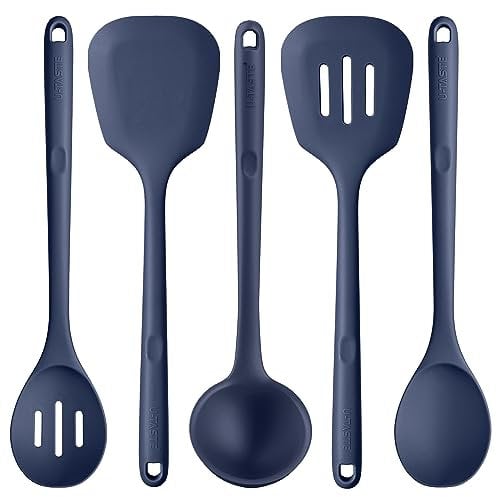 U-Taste Extra Long Silicone Kitchen Utensils, 5 Pcs 315℃ Heat Resistant Food Grade Cooking Tools Non-Stick Silicone Spatula Turner Spoon for Mixing Serving Frying Stirring Draining (Midnight Blue)