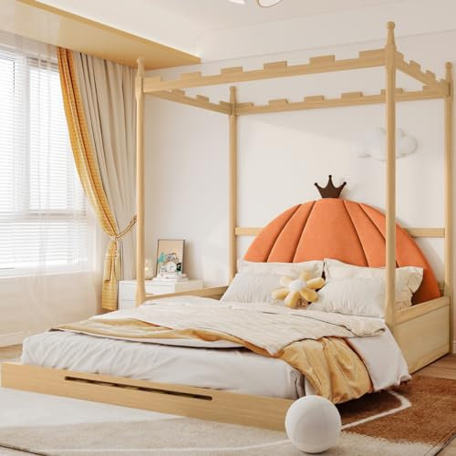KDXYSL Hausbett Kinderbett, Erweiterbares Holzbett mit Lattenrost, Schiebebett Tagesbett, Quadratisches Schlossdach, Samtkissen in Kürbisform, Rahmen aus Kiefernholz, Natur und Orange