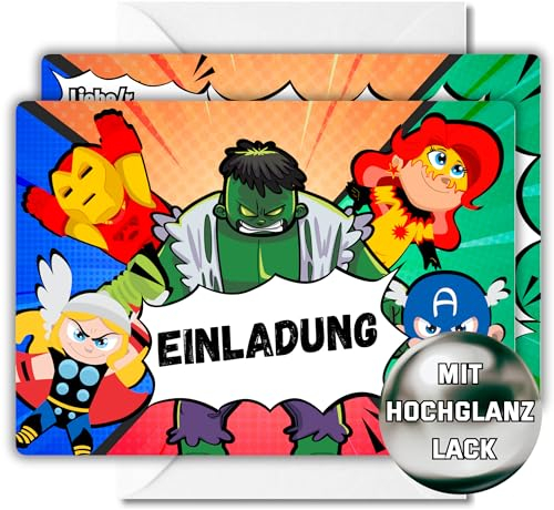Generisch 12x EINLADUNGSKARTEN +Umschläge mit Superhelden & Superheldin Design in Hochglanzoptik für coole Mädchen & Jungen Held & Heldinnen Kindergeburtstag