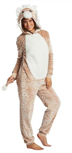 Loungeable Damen Jumpsuit Langer Overall Einteiler Tiger Luxury Fleece All In One 793076 3D Tier-Kostüm Karneval M