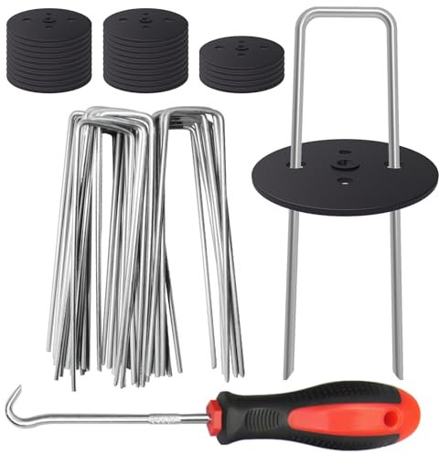 EUOKOK 25 Weed Control Membrane Pegs + 25 Buffer Washer, 6 Inch 11 Gauge Galvanized U-Shaped Metal Garden Landscape Staples Weed Mat Yard Ground Pins for Securing Weed Barrier Fabric,Artificial Turf
