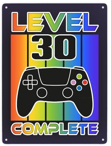 30. Geburtstag Gamer Metallschild XXL in 28x38 cm mit Spruch Level 30 complete Perfekt für Konsolen-Gamer PC-Zocker zum 30 Geburtstag Deko für Fernseherbereich Empfängt Gäste mit