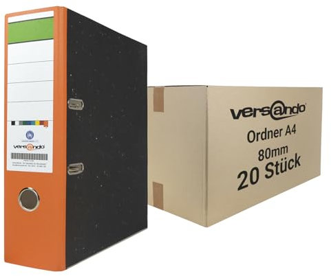 versando 20x breiter Premium Ordner DIN A4 Rücken 8cm Aktenordner Ringordner - Blauer Engel zertifiziert - orange (1 Karton)