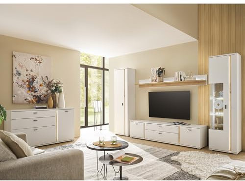 Lomadox Wohnwand Set 5-teilig Wohnzimmermöbel weiß mit Eiche Modern 1 Vitrine, 1 Hochschrank, 1 Lowboard,1 Wandboard, 1 Sideboard inkl LED Beleuchtung