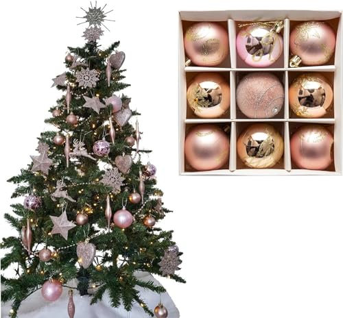 UKDD® Lot de 9 boules de Noël de qualité supérieure pour sapin de Noël, mates, pailletées, brillantes (or rose)