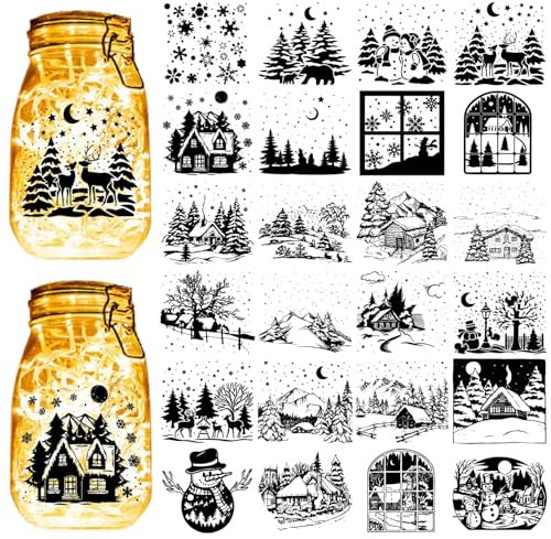 CREATCABIN 24 Stück Weihnachtsaufkleber-Silhouetten,Einmachglas-Dekor,Schneemann,Baum,Blume,Laser-Silhouette-Ausschnitte Für Gläser,Fenster,Scrapbook-Dekoration,Zubehör Schwarz,10x9cm Ohne Aufkleber