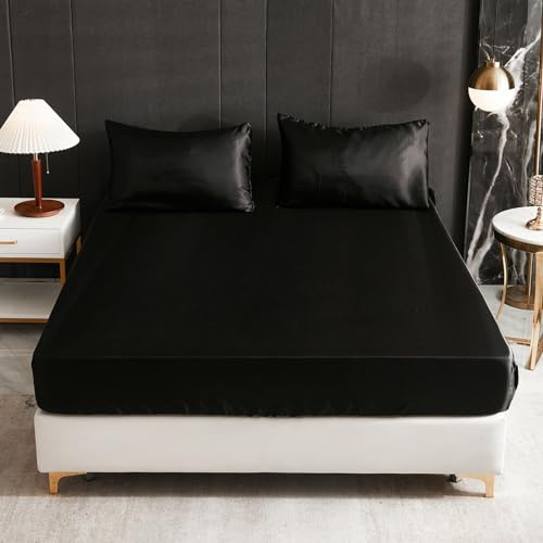 Freyamy Spannbettlaken 180x200cm Schwarz Satin Luxus Spannbetttuch Unifarben Seide Glänzend Spannbetttücher Uni Seidig Glatt Sommer Spannleintuch Bettlaken für bis 25-35cm Matraze Spannbetttücher
