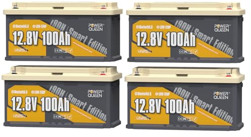 Power Queen LiFePO4 Batterie 12,8V 100Ah mit Bluetooth H190 4 Pack, über 4000 Deep Cycle Zeiten, langlebige Batterie Perfekt für Wohnmobil, Trolling Motor, Marine und Camping