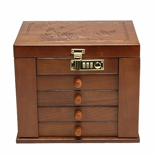 MEHOOSPVN Schmuckkasten Damen Holz Groß, Schmuckkästchen Holz Vintage Abschließbar Schmuckschatulle mit Spiegel, Kosmetikkoffer Schmuckkoffer 5 Ebenen 4 Schubladen, für Armbänder Halskette Ringe