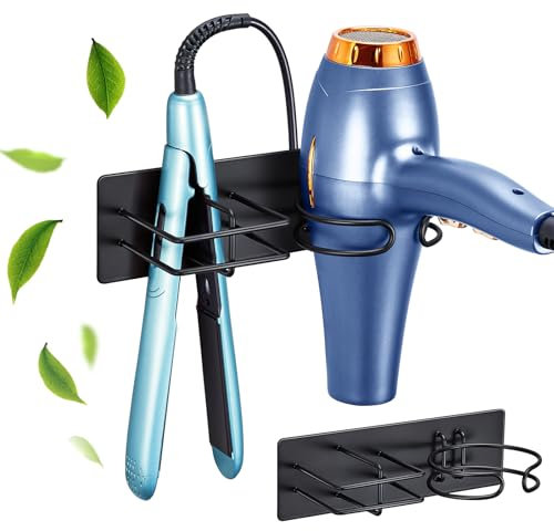 LOXSUN Föhn und Glätteisen Halterung, Föhnhalter Wand Ohne Bohren, Föhn Halterung für Föhn, Glätteisen Halterung, Edelstahl Fönhalter Schwarz Fönhalterung