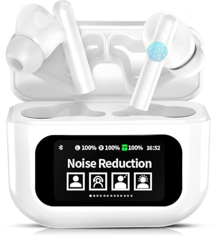 GIIFUX Wireless Earbuds,Bluetooth 5.4 Headphones in Ear with Touch Screen and HiFi Stereo Deep Bass, ANC Noise Cancelling Mic Wireless Earphones,25H Playtime Bluetooth Earbuds,IPX5 Waterproof, White