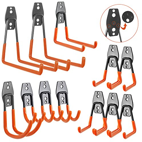 OUUTMEE 12 Stück Garagenhaken, Wandhaken, Gartenwerkzeug, Aufbewahrung, J-Haken, Leiterhaken, robuste Haken für Leitern, Seile, Helm, Schaufel usw