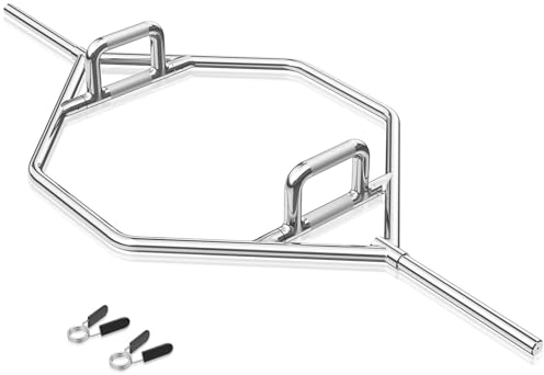 GYMAX Hex Hantelstange, Kreuzhebenstange mit Federverschluss & erhöhten gerändelten Griffen, für Kniebeugen, Shrugs & Ausfallschritte, Hexagon Stange bis 226 kg belastbar (Silber)