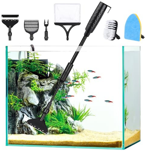AQQA Aquarium-Reinigungsset,6-in-1 Aquarium Reinigung mit Schwamm Reinigungsbürste,Algenschaber,Fischnetz,Kies Sandrake,Pflanzengabel,Aquarienreiniger,Fish Tank Reiniger Set