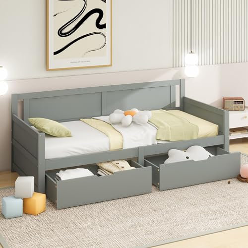 SOFTWEARY Schlafsofa mit Bettfunktion, Lattenrost und Schubladen, Holzbett, Jugendbett, Einzelbett (grau, 90x200 cm)