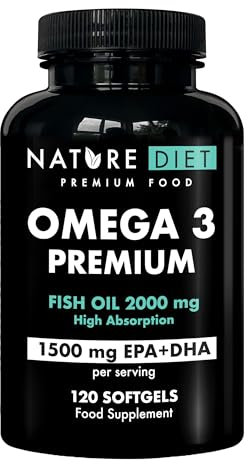 Nature Diet Omega 3 Premium - 2000 mg avec 1500 mg d'EPA et de DHA - 120 capsules molles d'huile de poisson Omega 3 à haute concentration - Approvisionnement de 2 mois
