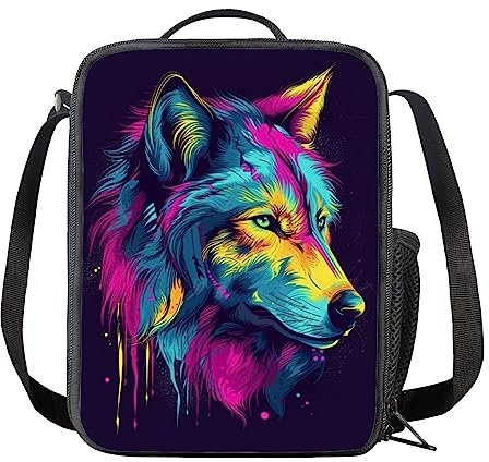 Color Splatter Wolf - Lonchera térmica portátil con correa para niños en edad escolar, diseño de lobos artísticos coloridos