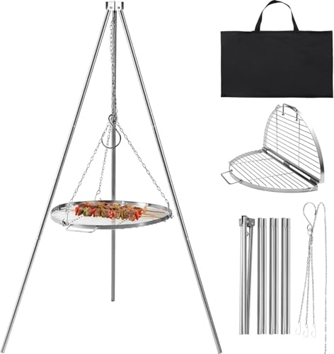 REDCAMP Swivel Grill with Cooking Grate, Including Chains, Height Adjustable, Stainless Steel Camping Swivel Grill Stainless Steel with Round Cooking Grate and Carry Bag for Outdoor BBQ, Silver