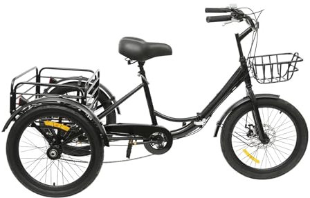 HPDTZ Faltbares Dreirad 20 Zoll 7-Gang Fahrrad für Erwachsene mit Vorderradkorb und Hinterradkorb für Einkäufe Bequemes Stadtfahrrad mit Verstellbarem Sitz (Schwarz)