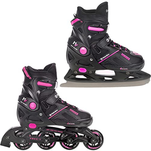 RAVEN Pulse Inline Skates Inliner für Kinder und Erwachsene OPTIONAL 2in1 mit Schlittschuhen verstellbar (Black/Fuchsia mit Kufen, 40-43 (25,5-28cm))