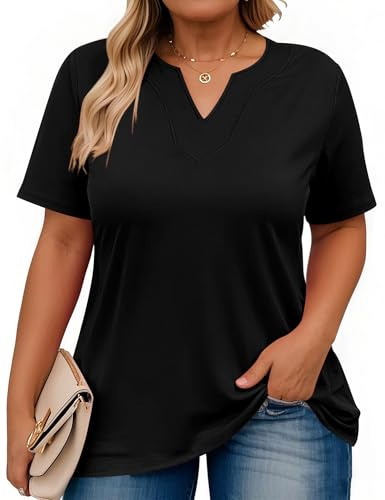 Rapbin Womens Plus Size T Shirts Short Sleeve V-Neck Overszied Tee Loose Fit Shirt Summer Top Casual Tunic 2025 (XL, Black)