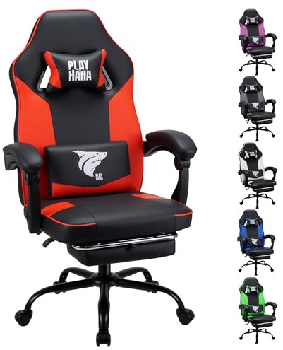 Play haha.Ergonomic Gaming Chair with Footrest, High Back Office Chair with Lumbar Support and Headrest, PU Leather Reclining Swivel Chair for Home and Office (Red,With footrest)