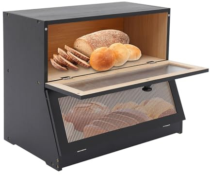 DHQCQL Panera de 2 niveles con tabla para cortar, almacenamiento de pan de madera para cuernos, panecillos y cocina (negro, 40 x 25 x 33 cm)