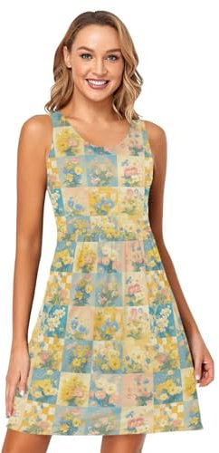 FRODOTGV Robe d'été rétro à carreaux pour femme, motif floral groovy peinture à l'huile, robe d'été ample sans manches, Tableau à damier rétro Groovy Fleur Peinture à l'huile, Taille L