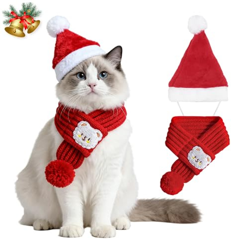 Katzen Weihnachtskostüm, Festliche Katzenbekleidung Mit Weihnachtsmütze Und Rotem Schal, Weihnachtskostüm Katze Für Feiertage Und Fotos, 2-teiliges Set