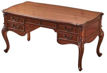 Cenz-888 Computer-Schreibtisch 63 Traditioneller Büroschreibtisch aus Holz mit handgeschnitzten und Cabriole-Beinen, Vintage-Schreibtisch Kirsch-Walnuss 5 Schubladen