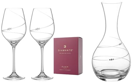 DIAMANTE Set of Wine Glasses and Wine Carafe 'Toast Swirl' - Hand Cut Crystal Carafe for Wine or Water Embellished with Sparkling Crystals (1132.412)