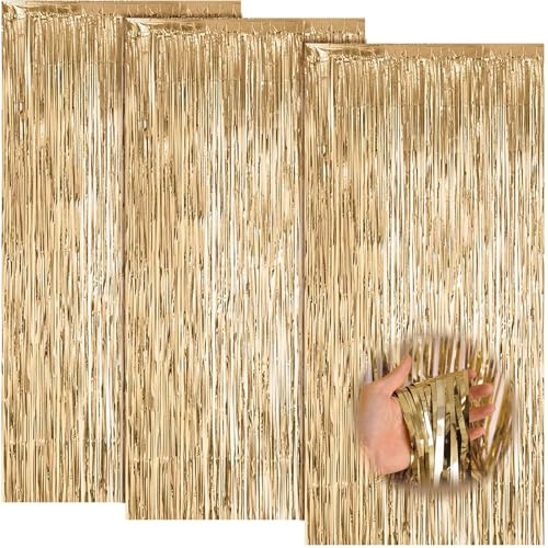 3 Stück Champagnerfarbene Lametta Vorhänge, 2M x 1M Glitzer Vorhang | Funkeln Vorhängen Dekoration- Metallische Folie Fransen Vorhang fur Party Deko Geburtstagsdeko Hochzeit Festivals Bühnendekor