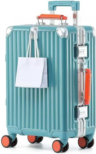 Aoliwei Aluminium-Rahmen Handgepäck S (58cm) – Premium Hartschalen-Koffer als Bordgepäck, Blau mit orangem Echtleder-Griff,TSA & 360° Silent-Rollen, Blau