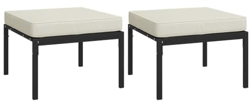 Makastle Gartenhocker mit Sandfarbigen Kissen 2 STK, Gästehocker, Outdoor Fußhocker, Sitzhocker für Terrasse, Innenhof, Balkon, 60x60x35 cm Schwarz Stahl