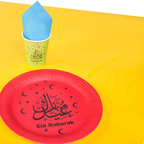 Ramadan Kareem/Eid Mubarak Tableware Sets - 10x Paper Plates, 10x Cups, 20x Napkins & Tablecloth (Multicolour Eid Mubarak w/Red Plate)